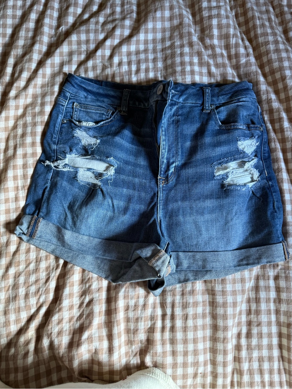 American Eagle Outfitters Distressed Rolled-Hem Denim Shorts - Blue